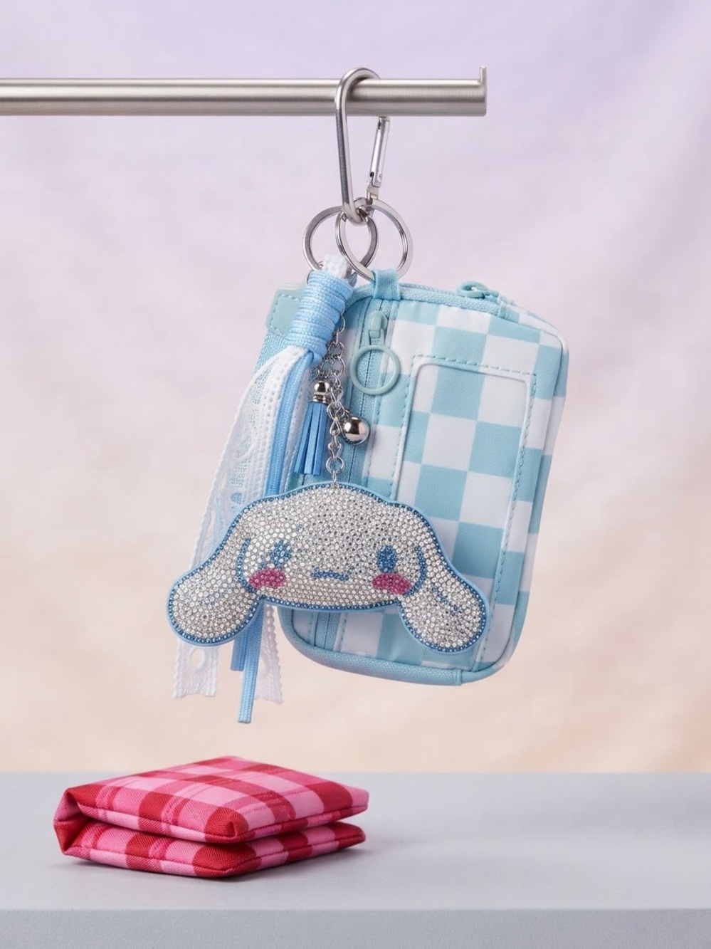 Blue Checkerboard wrist Wallet with Cute Tassel Charm